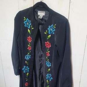Black embroidered floral Stephen Yearick trench